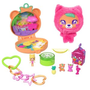 Polly Pocket Plushie Bear Compact. Doll & Keychain Playset With Pets. Fruit Themed Accessories