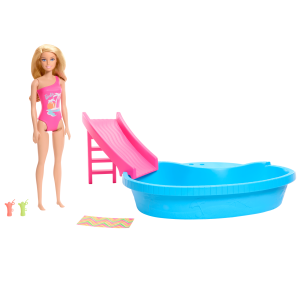 Barbie Doll And Pool Playset. Blonde With Pool. Slide. Towel And Drink Accessories