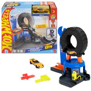 Hot Wheels City Downtown Tire Shop Playset & 1:64 Scale Toy Car. Speed Snap Track Compatible