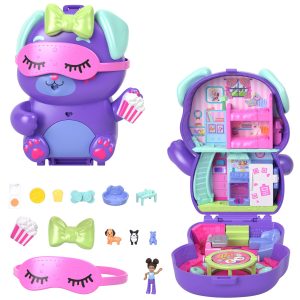 Polly Pocket Sleepover Puppy Compact Playset With 1 Micro Doll And Pet Dogs. Travel Toy With Food & Styling Accessories