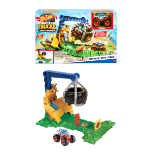 Hot Wheels Monster Trucks Rhinomite Chargin' Challenge Playset With 1 Toy Truck & 2 Crushed Cars