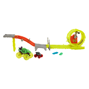 Hot Wheels Monster Trucks Power Smashers Charge & Chase Challenge Track Set With Oversized Skelesaurus. 1:64 Scale Bone Shaker & 2 Crushed Cars