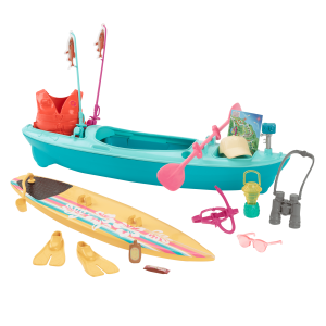 Barbie World Kayak & Surf Playset With 17 Camping Accessories Including Kayak Boat. Surfboard & More