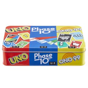 Mattel Games 3 Card Game Pack - UNO. Phase 10. Ono 99 in Storage Tin Box