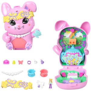 Polly Pocket Tea Party Bunny Compact Playset With 1 Micro Doll And Pet Bunnies. Travel Toy With Styling Accessories