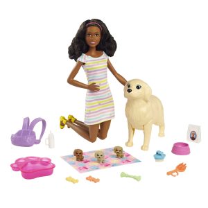 Barbie Doll Newborn Pups Playset With Brunette Doll. Mommy Dog. 3 Puppies. Kids Toys