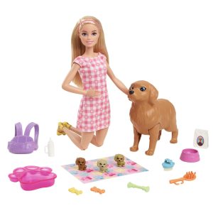 Barbie Doll Newborn Pups Playset With Blonde Doll. Mommy Dog And 3 Puppies. Kids Toys