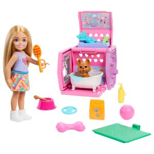 Barbie Chelsea Puppy Carrier Playset. Small Doll And Dog Carrier With Puppy Accessories