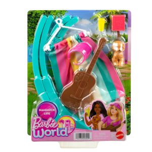 Barbie World Hammock Set With 7 Camping Accessories including Swinging Hammock With Guitar & Puppy