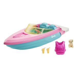 Barbie Boat With Puppy And Accessories. Fits 3 Dolls. Floats in Water. 3 To 7 Year Olds