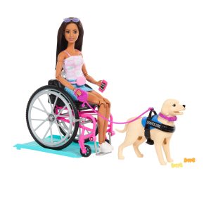 Barbie Doll & Service Dog Playset With Wheelchair. Ramp & Accessories. Brunette Fashion Doll