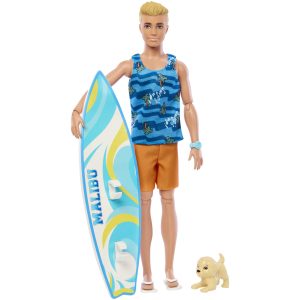 Ken Doll With Surfboard. Poseable Blonde Barbie Ken Beach Doll
