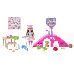Barbie Chelsea Doll And Accessories. Skatepark Playset With 2 Puppies And 15+ Pieces