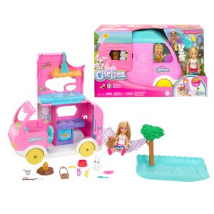 Barbie Chelsea 2-in-1 Camper Playset With Chelsea Small Doll. 2 Pets & 15 Accessories