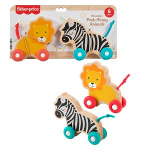 Fisher-Price Wooden Push Along Animals. Lion & Zebra Toy Vehicles For Baby Crawling Play